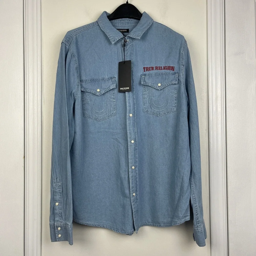 NEW True Religion Denim Long Sleeve Shirt‎ Mens L Western Chambray Pearl Snap
